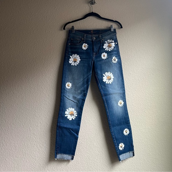 NWOT 7 For All Mankind Ankle Skinny Jeans in Distressed with Daisies, size 26 - Picture 16 of 16